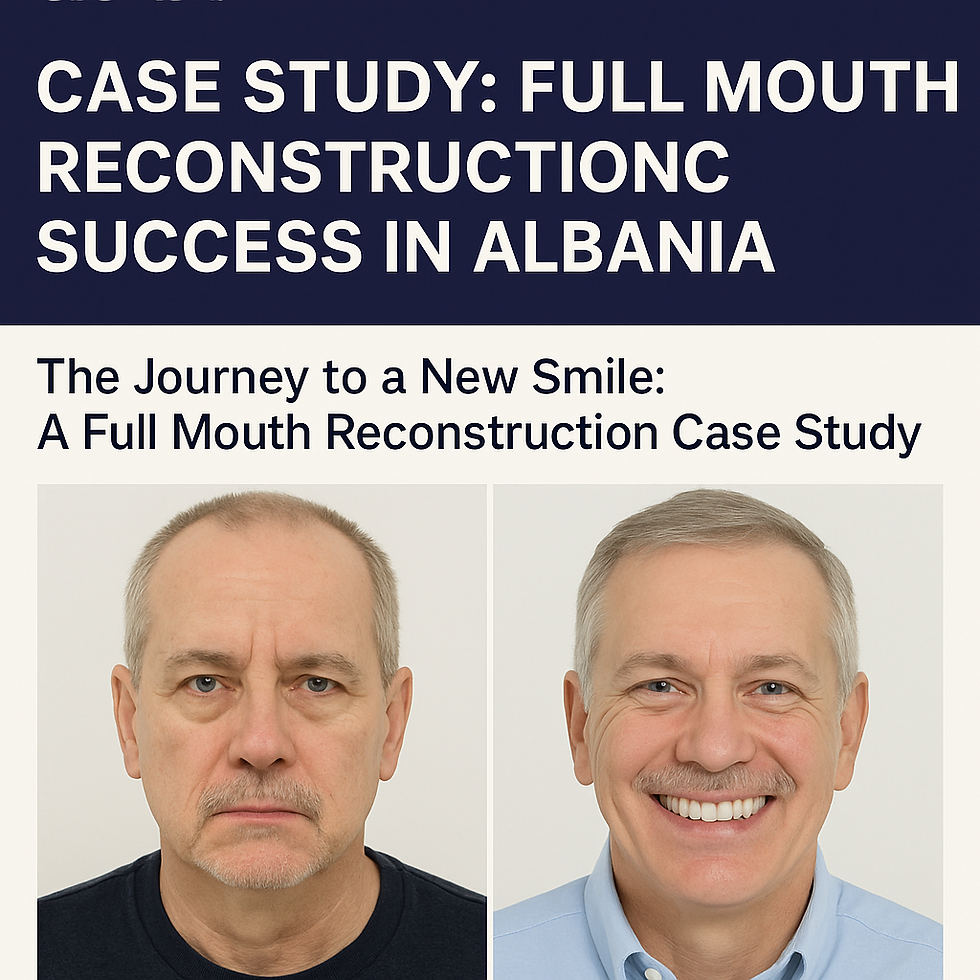 Before-and-after comparison of a patient’s full mouth reconstruction at Elonix Dental Clinic in Albania, showing a successful smile restoration.