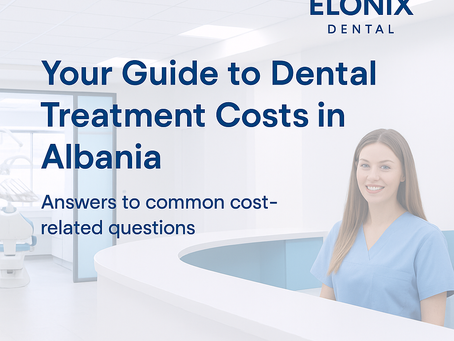 Smiling dental receptionist in a modern white-and-blue clinic at Elonix Dental Clinic in Tirana, Albania, representing transparent dental treatment costs and patient care.