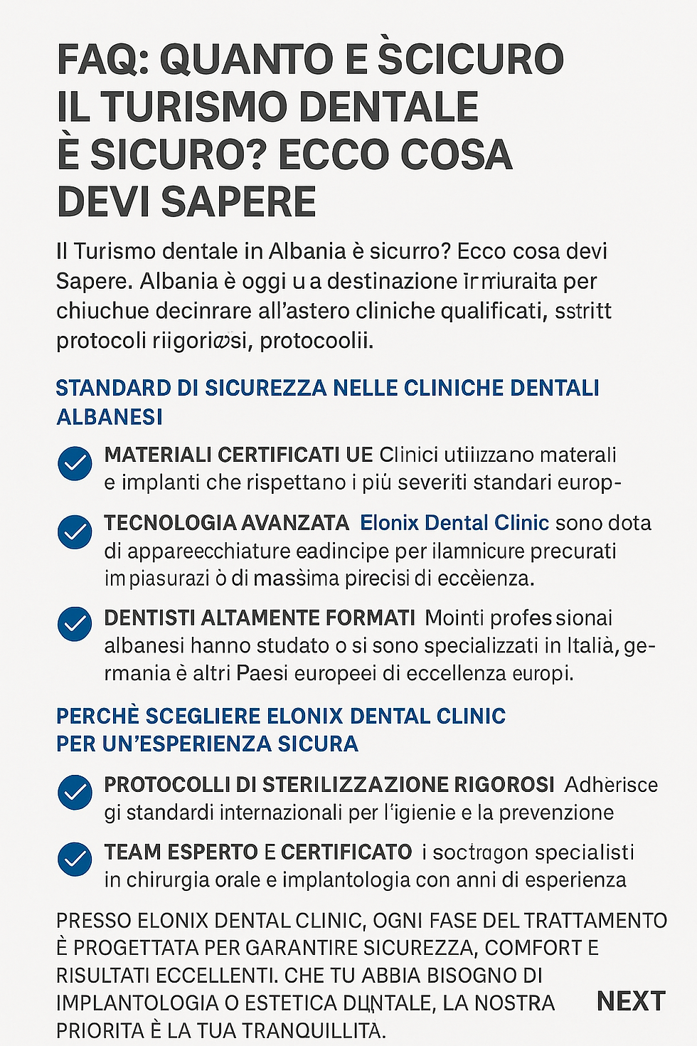 Infografica che mostra materiali certificati UE, tecnologia avanzata, dentisti formati all’estero e protocolli di sterilizzazione nelle cliniche albanesi.