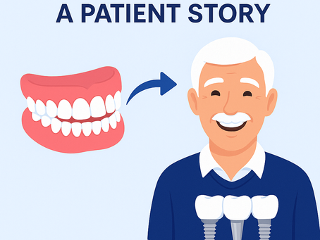 Illustration of a smiling elderly patient showing transition from dentures to dental implants, representing a real-life success story at Elonix Dental Clinic in Albania.