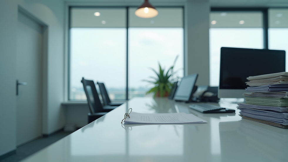 Eye-level view of a dental clinic reception desk with a computer and patient files