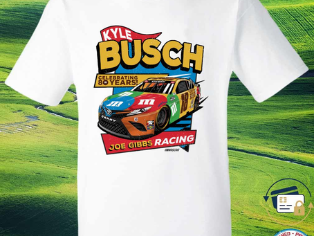 Kyle busch joe gibbs racing team collection white celebrating 80 years m&m’s car shirt