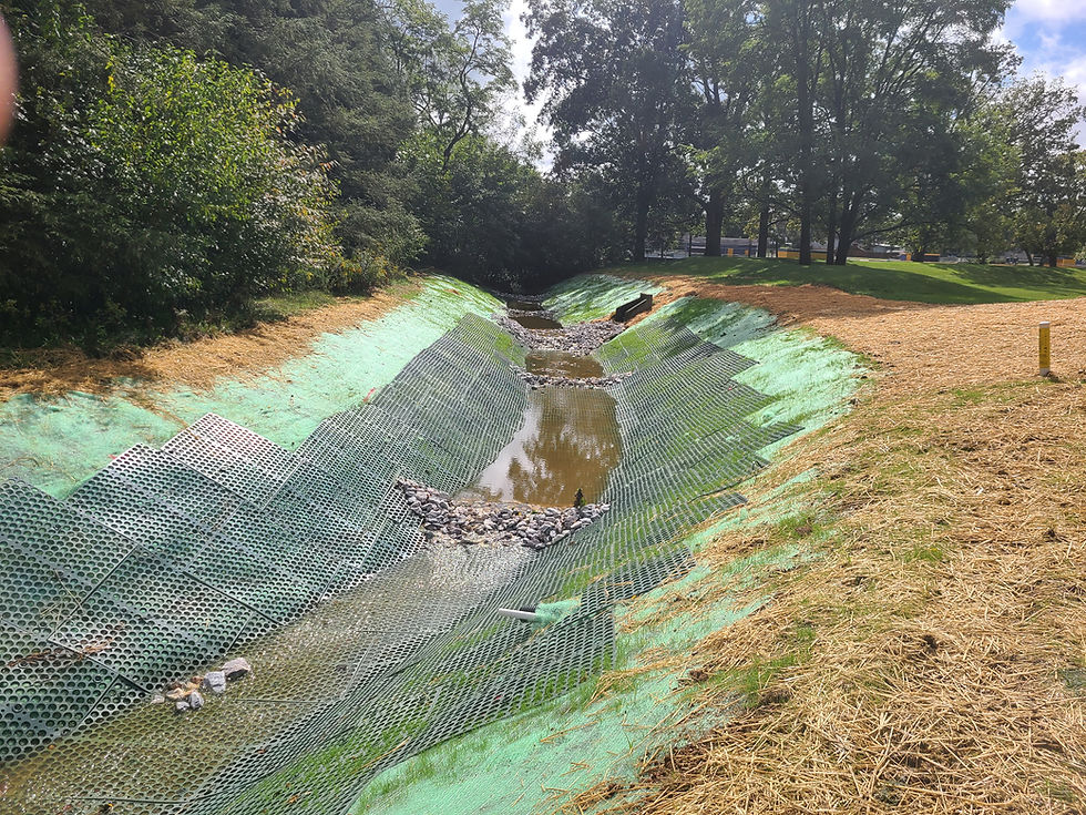 Stormwater drainage channel with erosion control matting, slope stabilization, and riprap installed by Dorsey Construction Services.