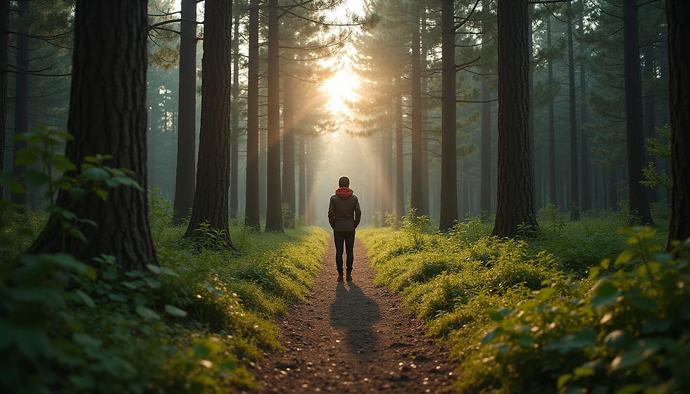 Person walking through a forest at sunrise, representing overcoming fear, personal growth, and new beginnings.