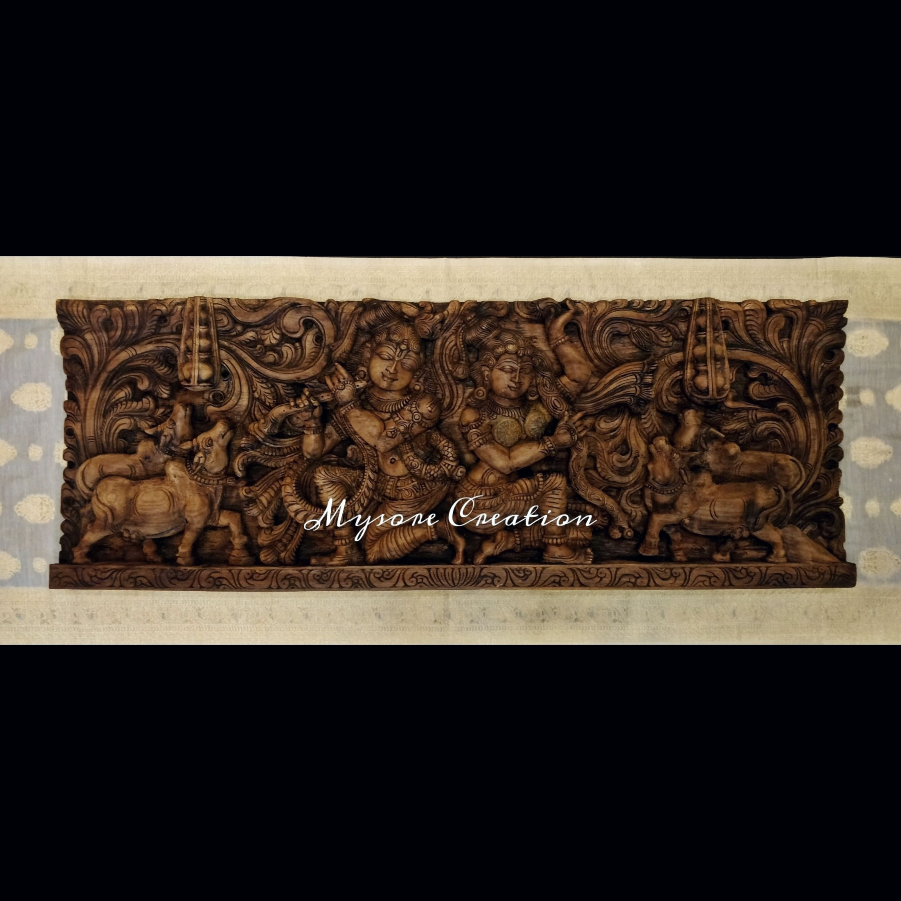 Radha Krishna with cows having butter wooden wall panel
