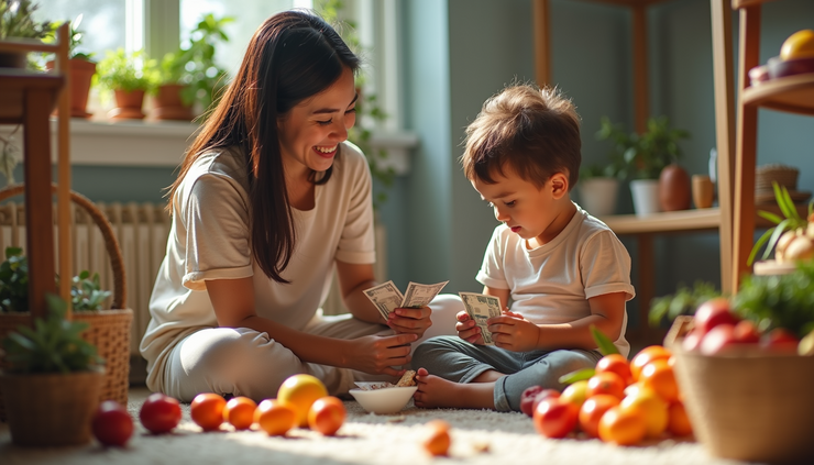 High angle view of a parent and child sitting on the floor with play money and toy fruits, practicing a market role play