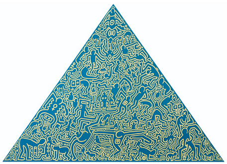 Triangular abstract art piece featuring various animal figures in teal and beige