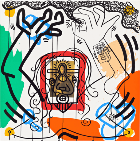 Keith Haring's vibrant artwork: Figure with telephone and halo