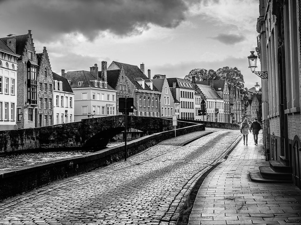 Monochrome image of canal walk in Bruges