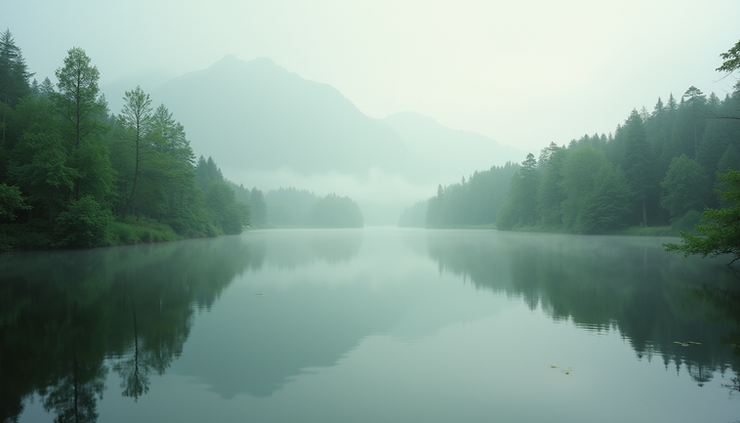 Eye-level view of a calm lake surrounded by trees reflecting in the water