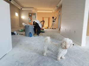 A full home renovation where a worker is cleaning the wall.