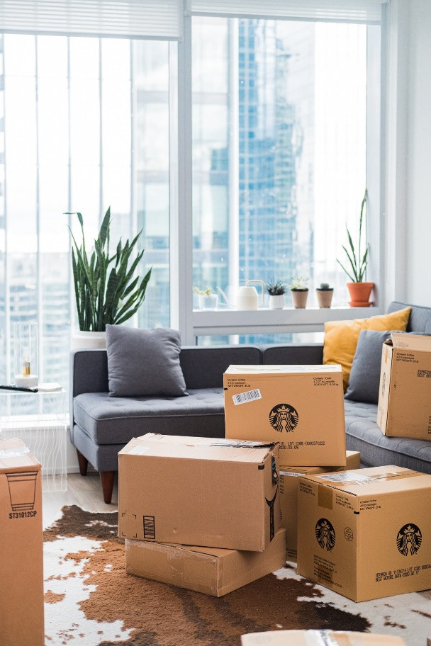Unpacked boxes in the living room