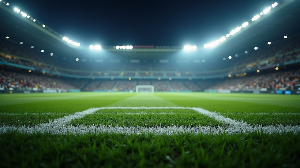 Vista panorâmica de um campo de futebol sete iluminado durante um torneio