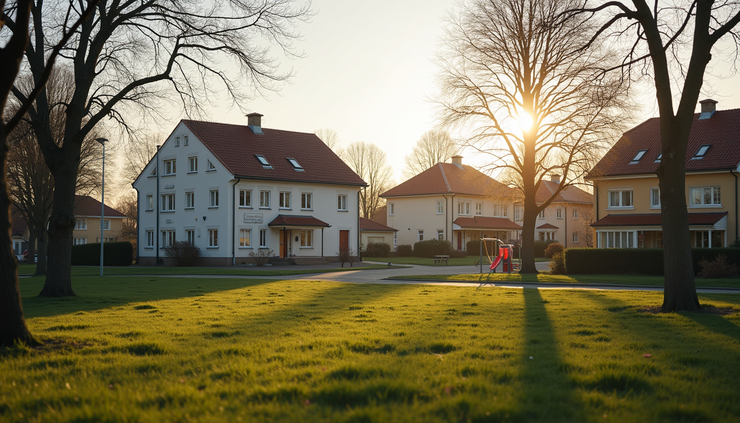 Eye-level view of a Swedish residential neighborhood with family homes and playground
