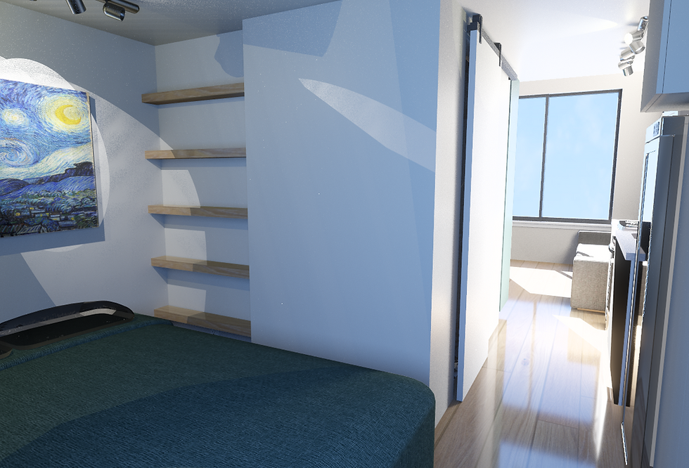 Bed Area viewing into kitchen/living