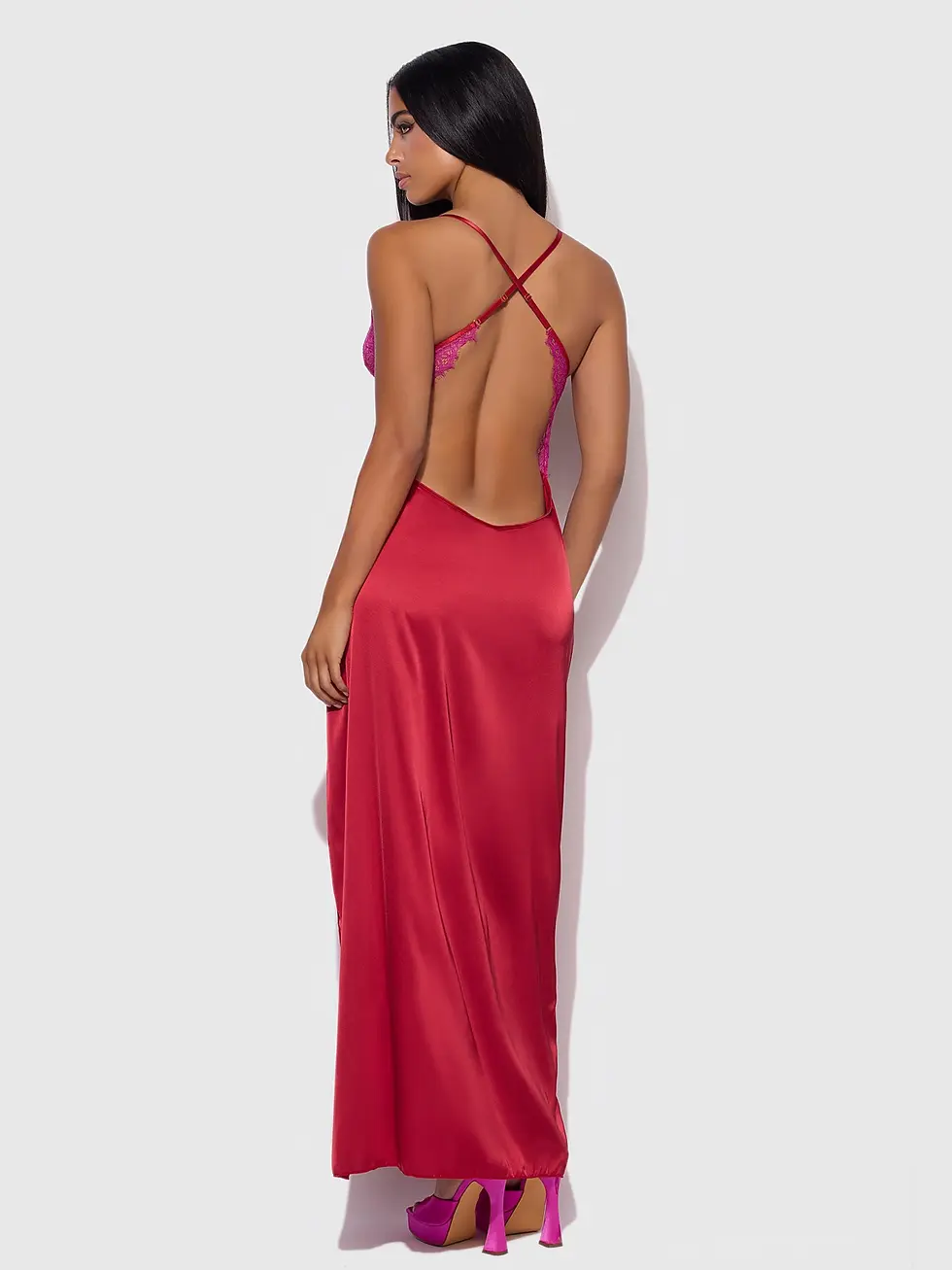 Thumbnail: Jocelyn Satin & Lace Long High Slit Gown