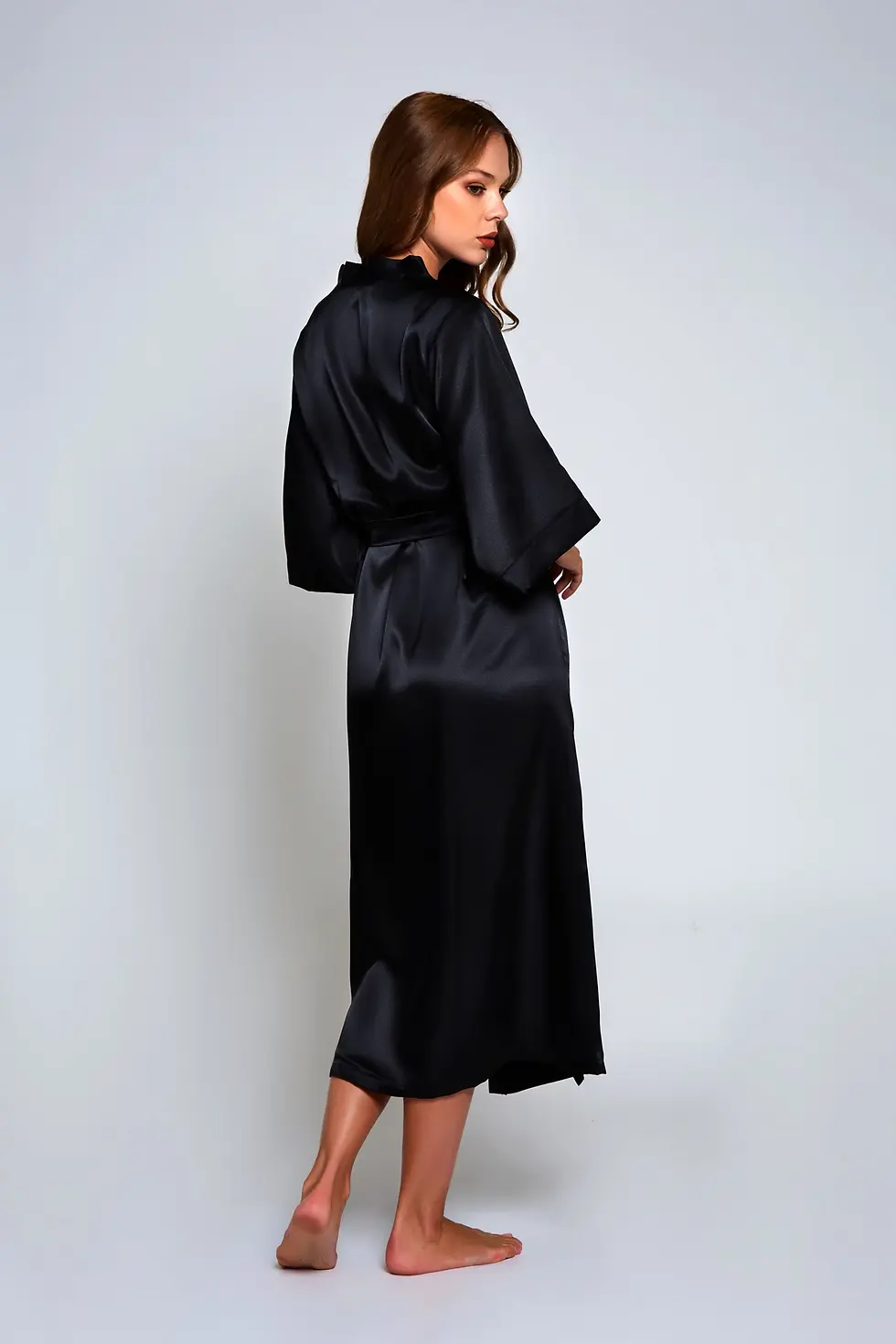 Thumbnail: Victoria Long Black Satin Belted Robe