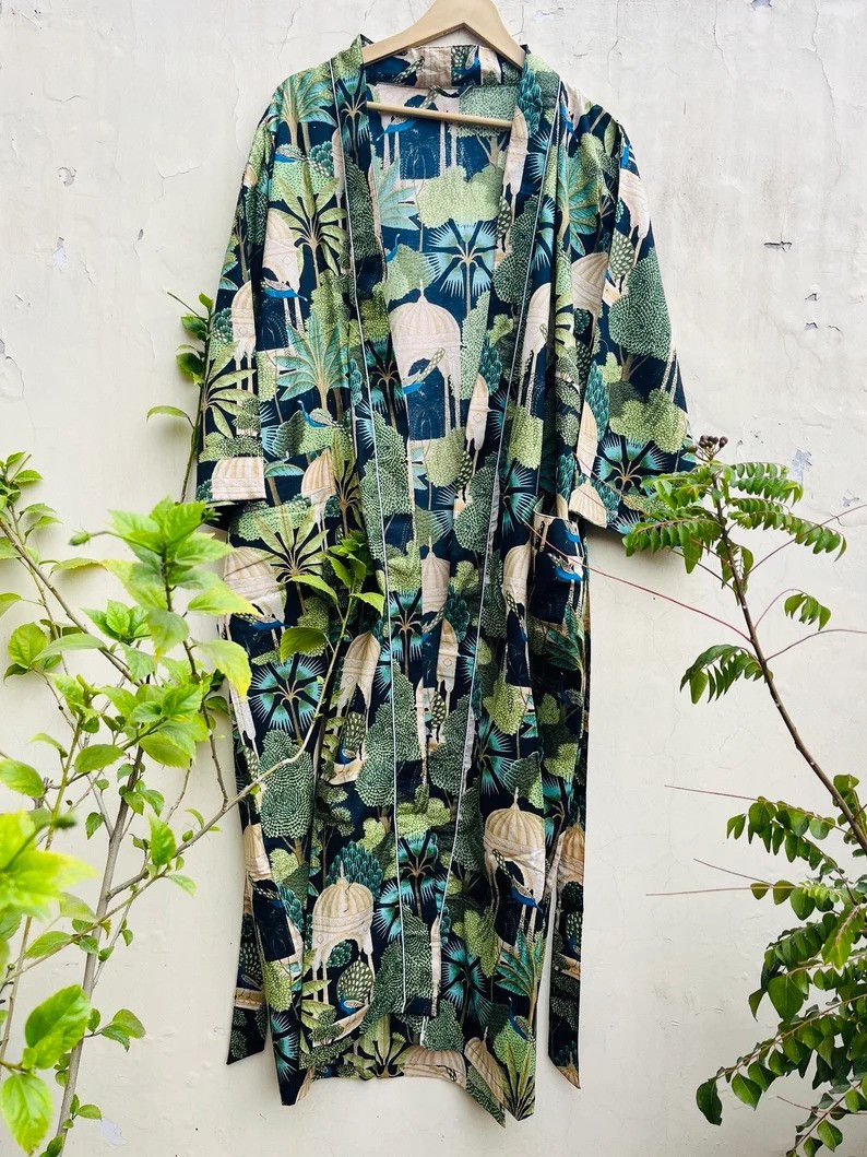 Thumbnail: Beach Wear Long Kimono Cotton Bath Robe Printed Kimono