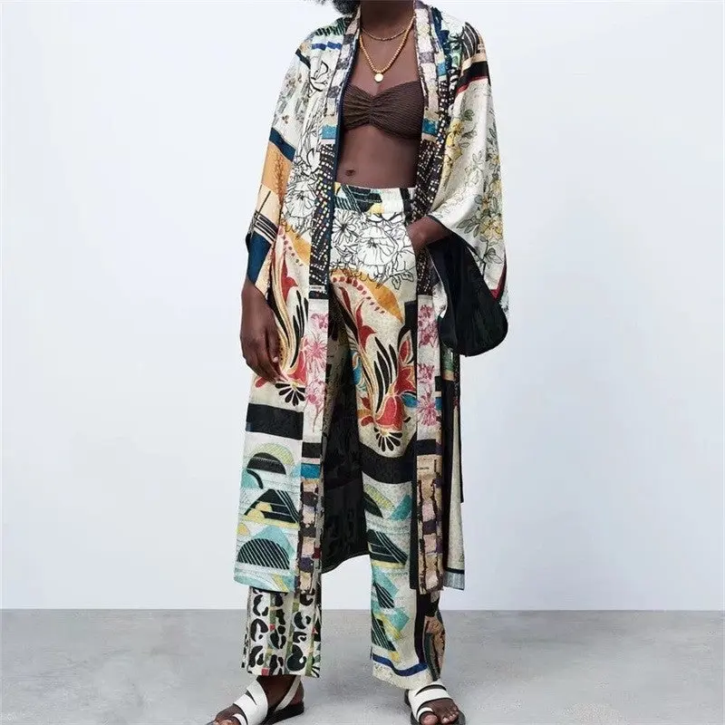 Patchwork Kimono Top and Wide Leg Pants Set