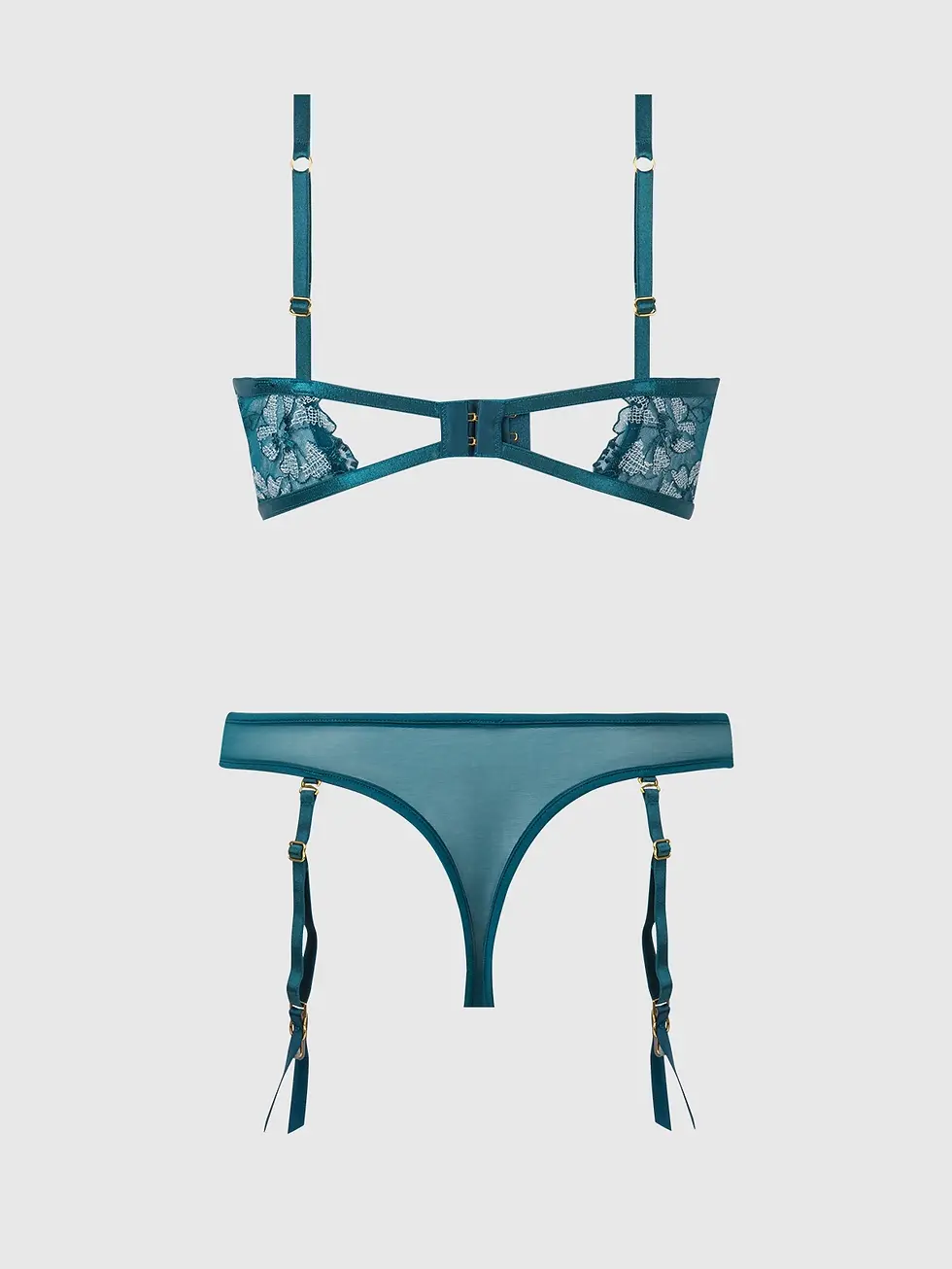 Thumbnail: Nova Blacklight Lace Bra & Gartered Thong Set in Jaded Blue