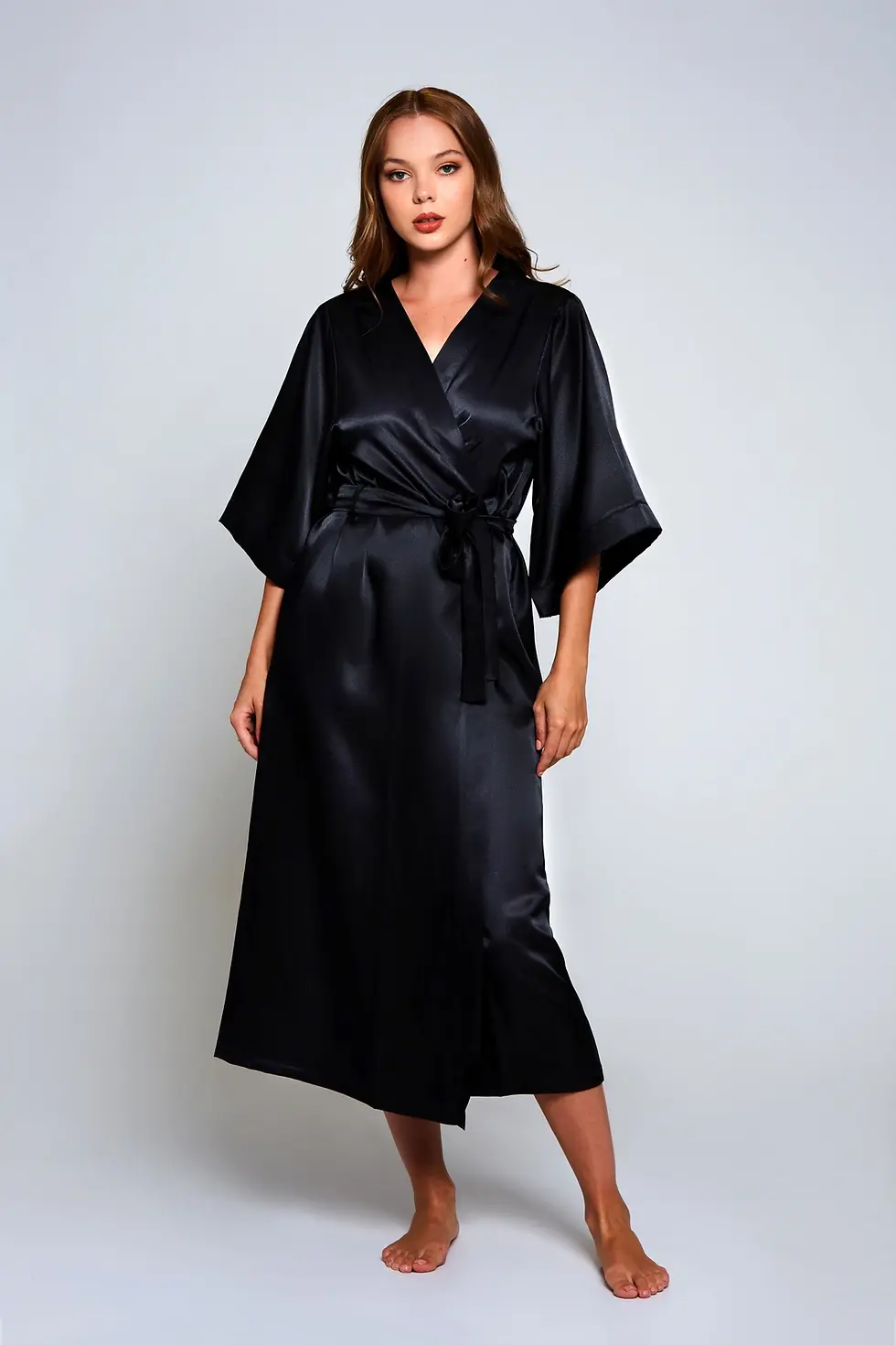 Thumbnail: Victoria Long Black Satin Belted Robe