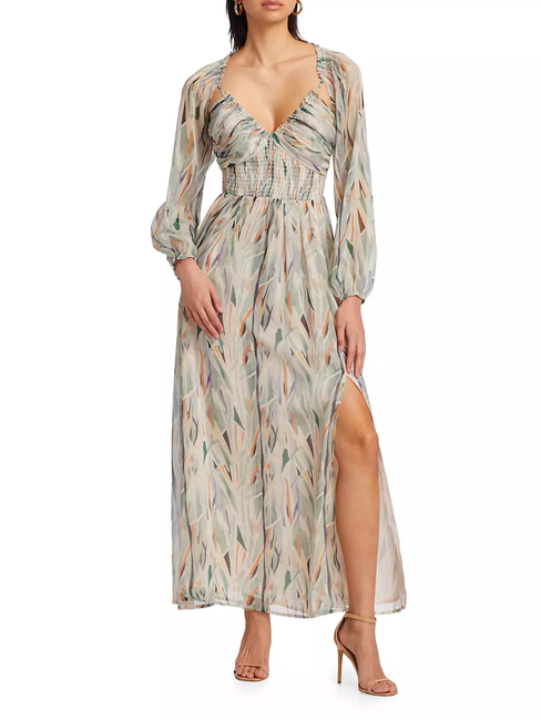A grey casual printed maxi dress with a deep V neck and balloon full sleeves