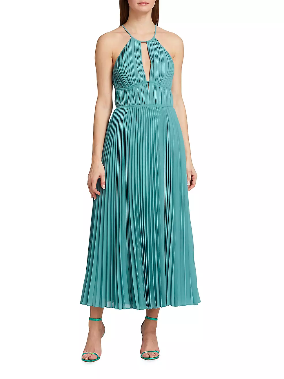 A semi-formal teal midi dress in pleated fabric with a halter neck and keyhole neck