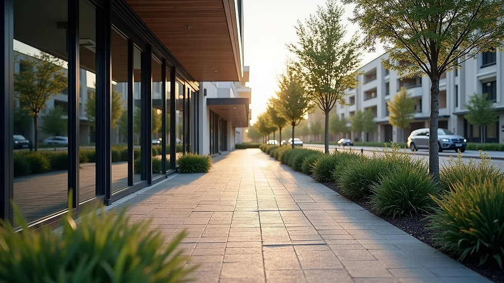 High angle view of a commercial building entrance with paved walkway and landscaping