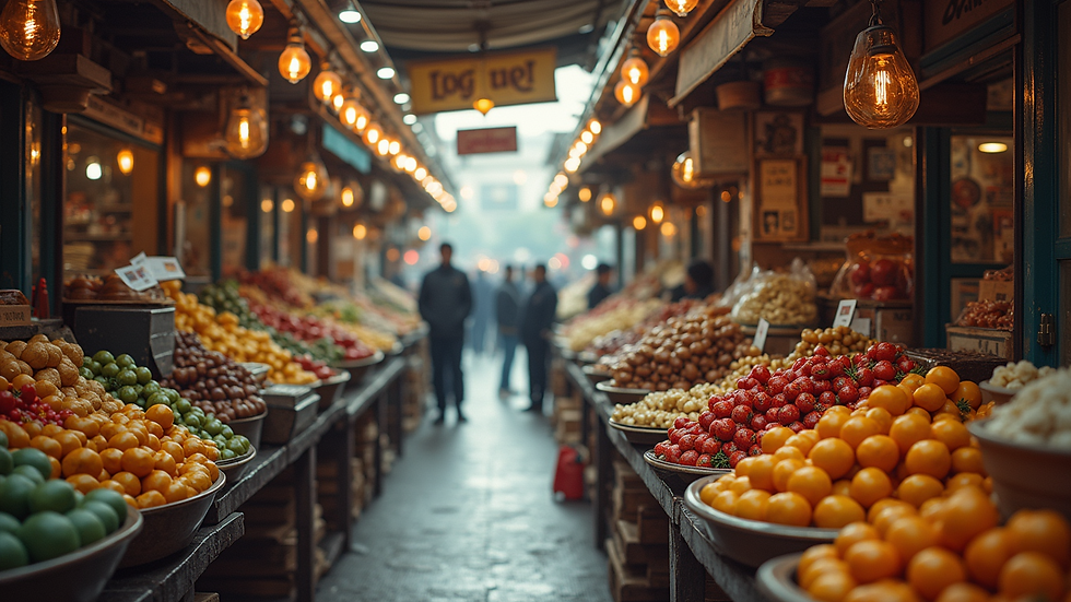Wide angle view of a bustling marketplace with diverse products