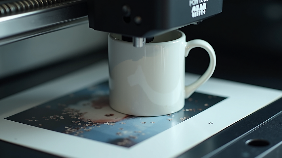 Close-up of a printing machine applying a photo design on a white ceramic mug