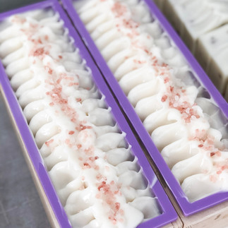 peppermint and salt soap batter in a soap mold