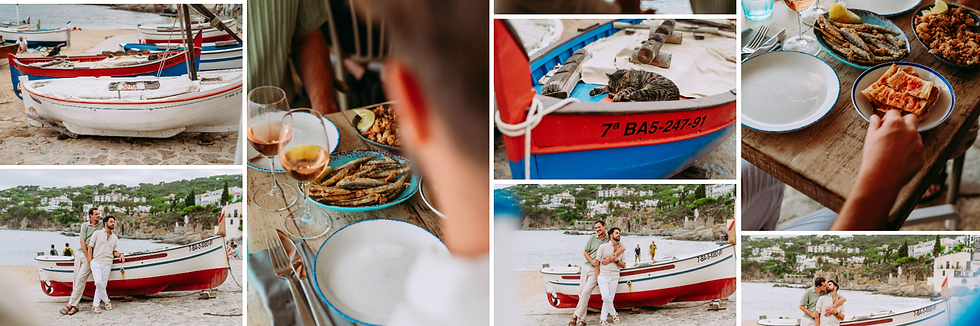Romántica sesión de fotos en la costa mediterránea, perfecta para capturar el amor en un entorno pintoresco, rodeado de barcas tradicionales y una deliciosa comida local.