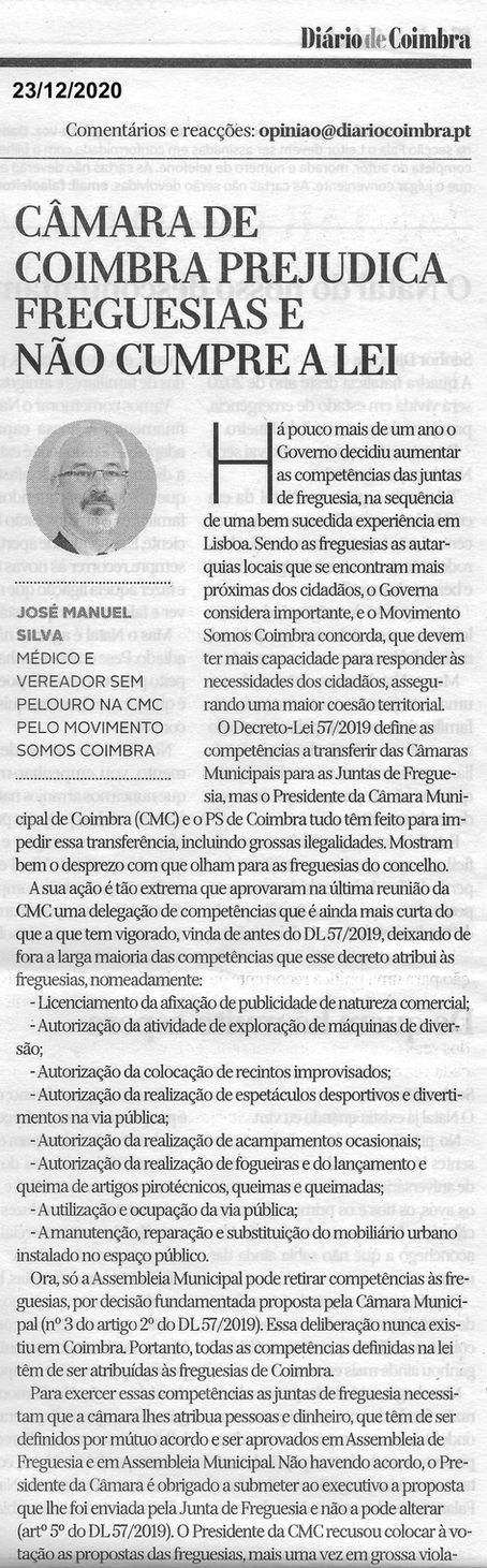 Câmara de Coimbra prejudica freguesias e não cumpre a Lei