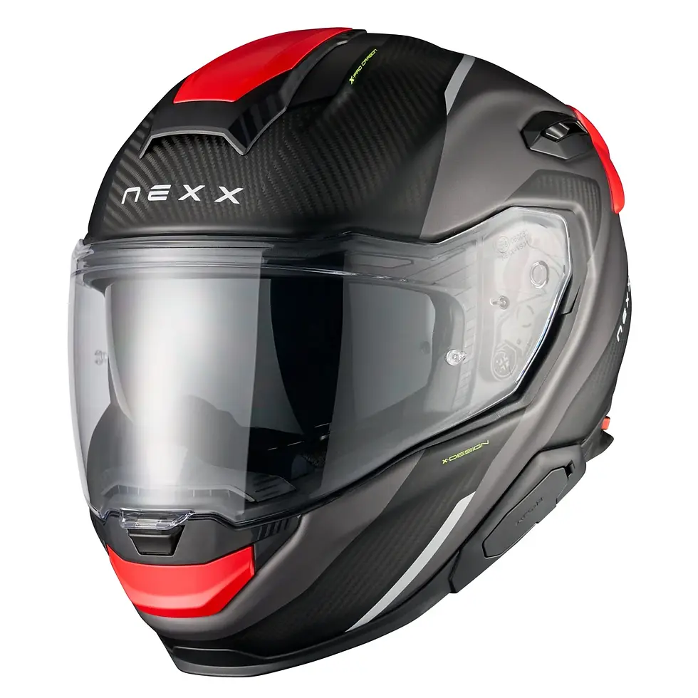 Thumbnail: Side profile of the NEXX XTR Rush Matte Black/Red carbon fiber helmet featuring aerodynamic rear spoiler and advanced ventila