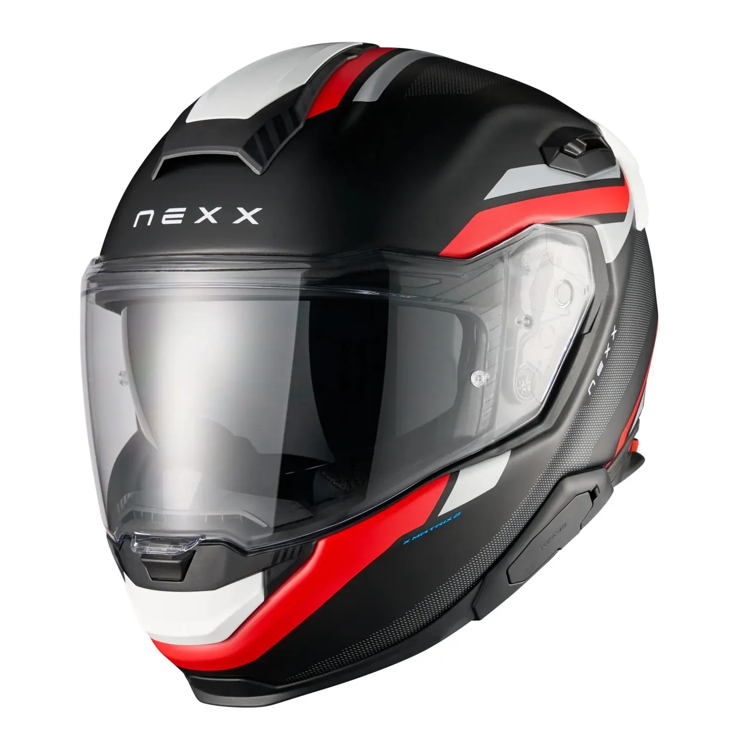 NEXX XTR Quanta full-face touring helmet in Matte Black/Red with X-MATRIX 2 shell and X-COM 3 compatibility.