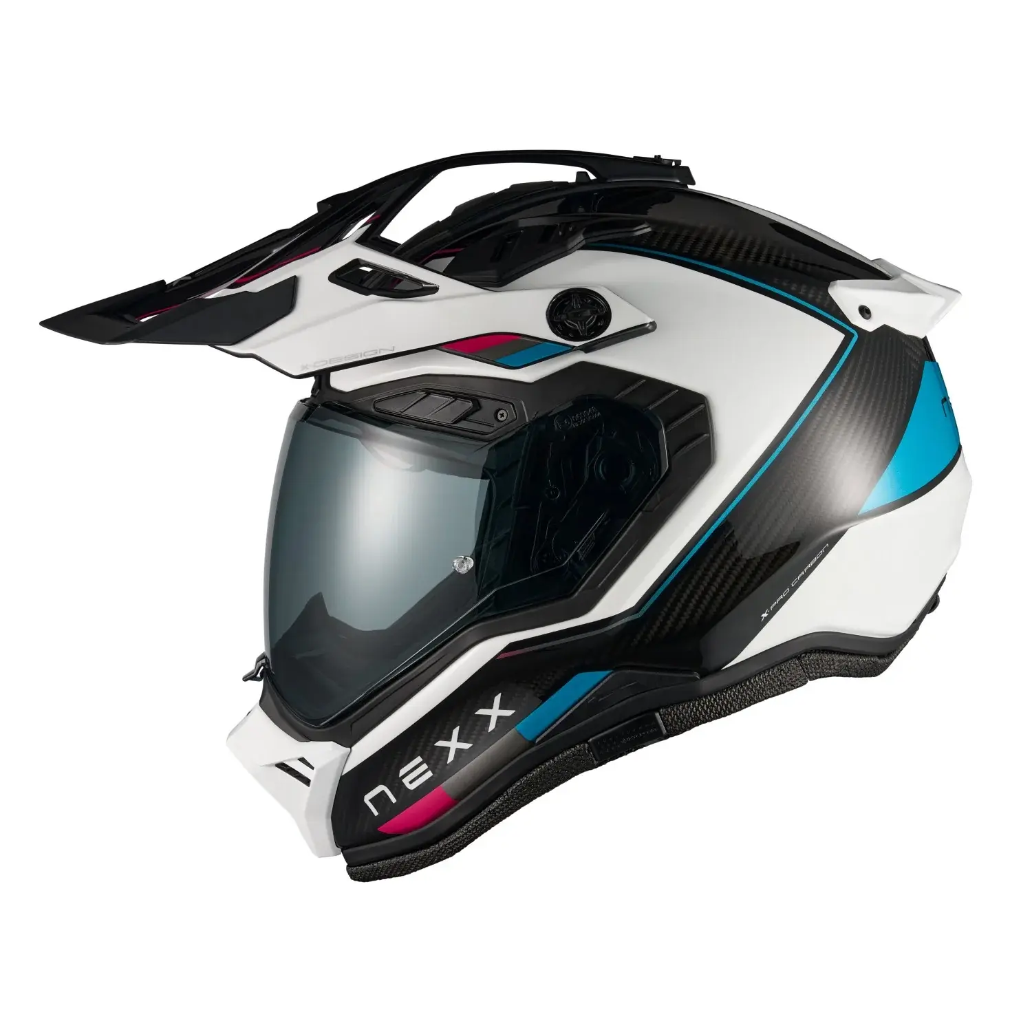 Side profile of the NEXX X.RL Raid Blue Pink helmet featuring an X-PRO Carbon shell and aerodynamic rear spoiler.