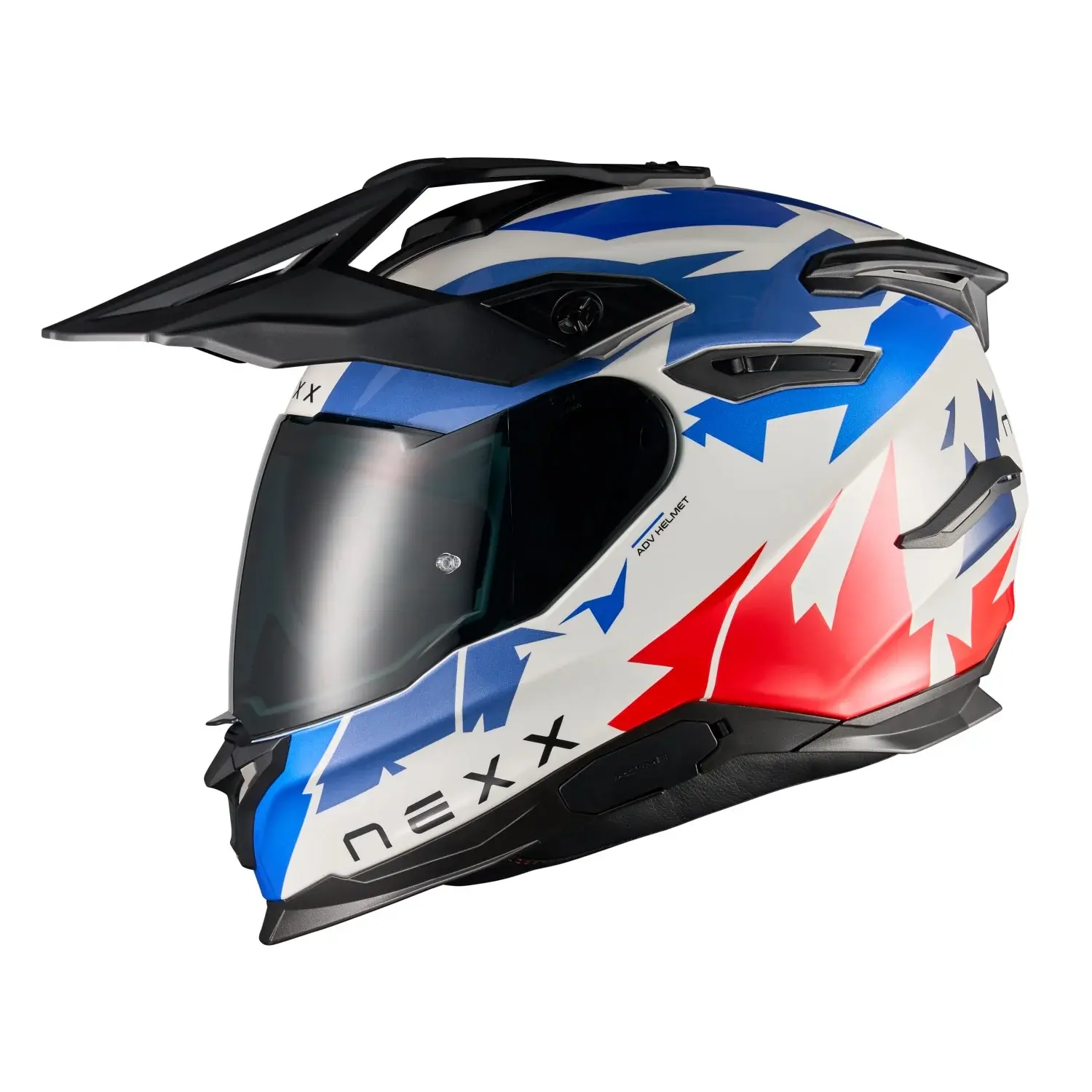 NEXX YT Primal Blue Red adventure motorcycle helmet with clear and dark smoke shields.