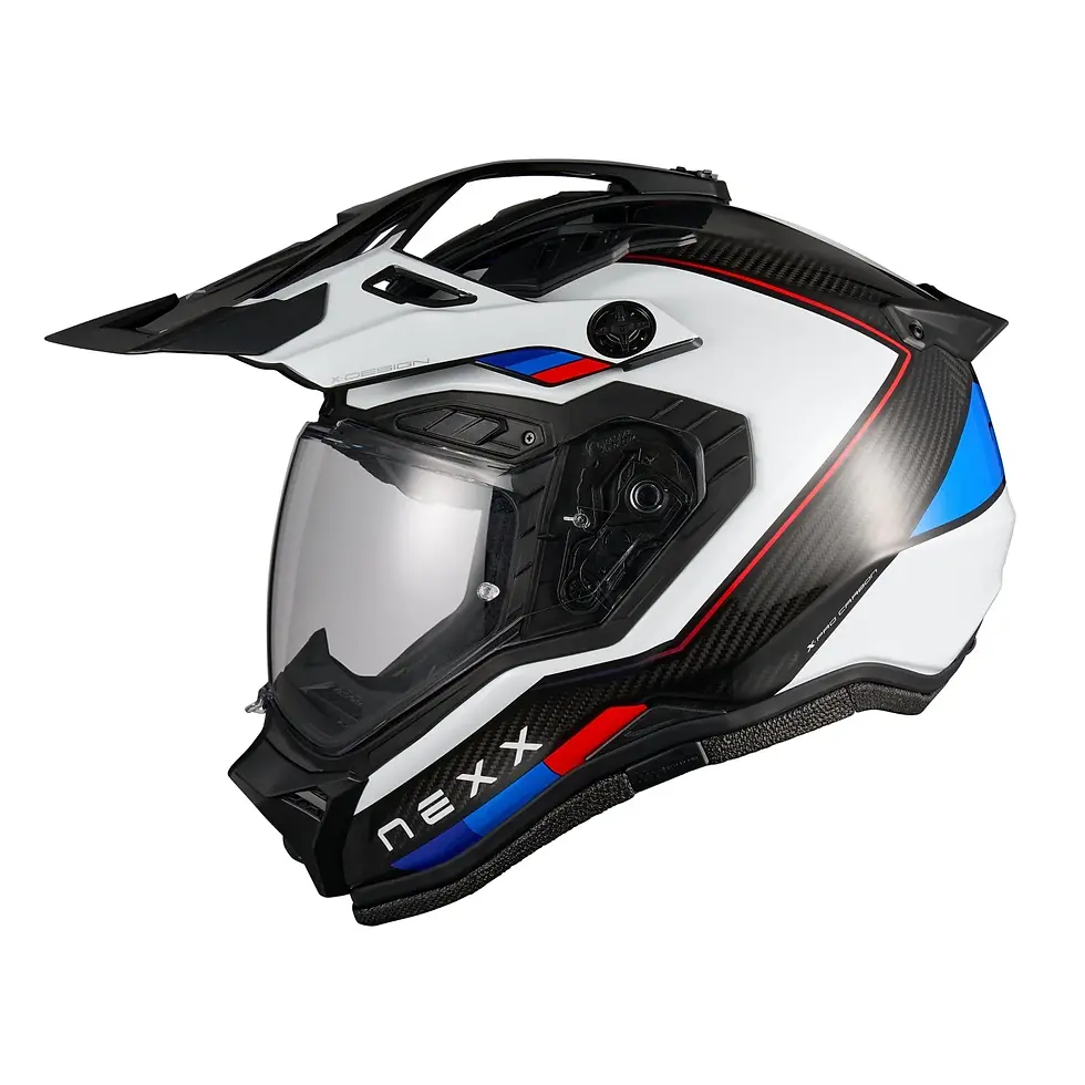 Side profile of the NEXX X.RL Raid Blue Red helmet featuring an X-PRO Carbon shell and aerodynamic rear spoiler.