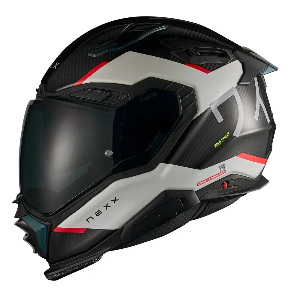 Thumbnail: NEXX X.WST3 Manga White and Red full-face motorcycle helmet with clear and dark smoke shields.