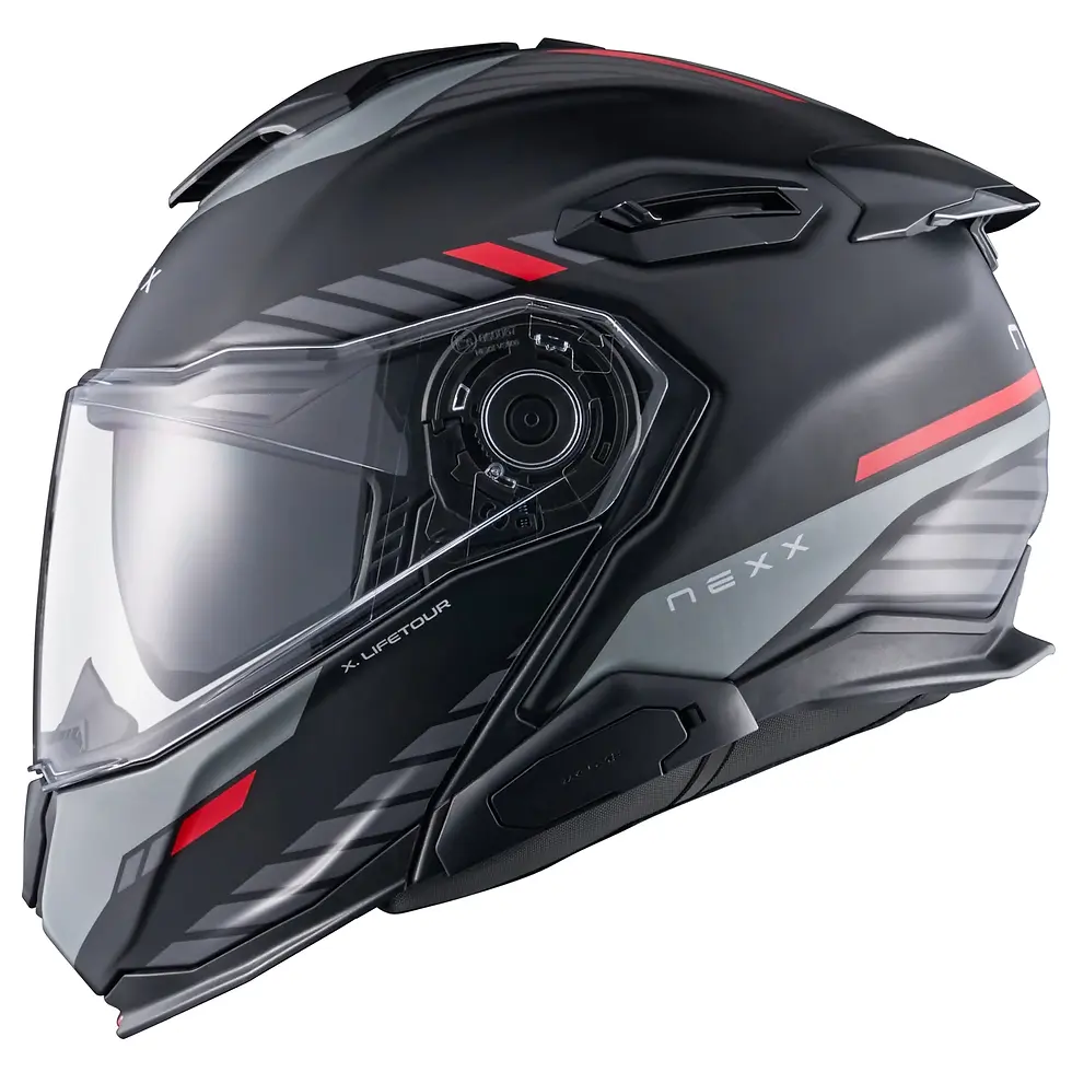 Front left view of NEXX X.LIFETOUR GLOBE Modular Helmet Matte Black Red