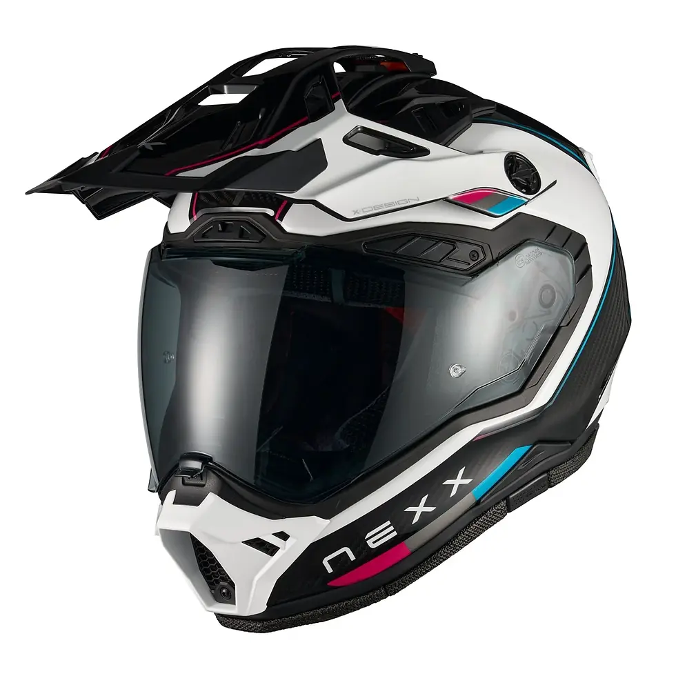 Thumbnail: Front angle view of the NEXX X.RL Raid Blue Pink X.Rally helmet with Pinlock 200 anti-fog lens and integrated sun visor.