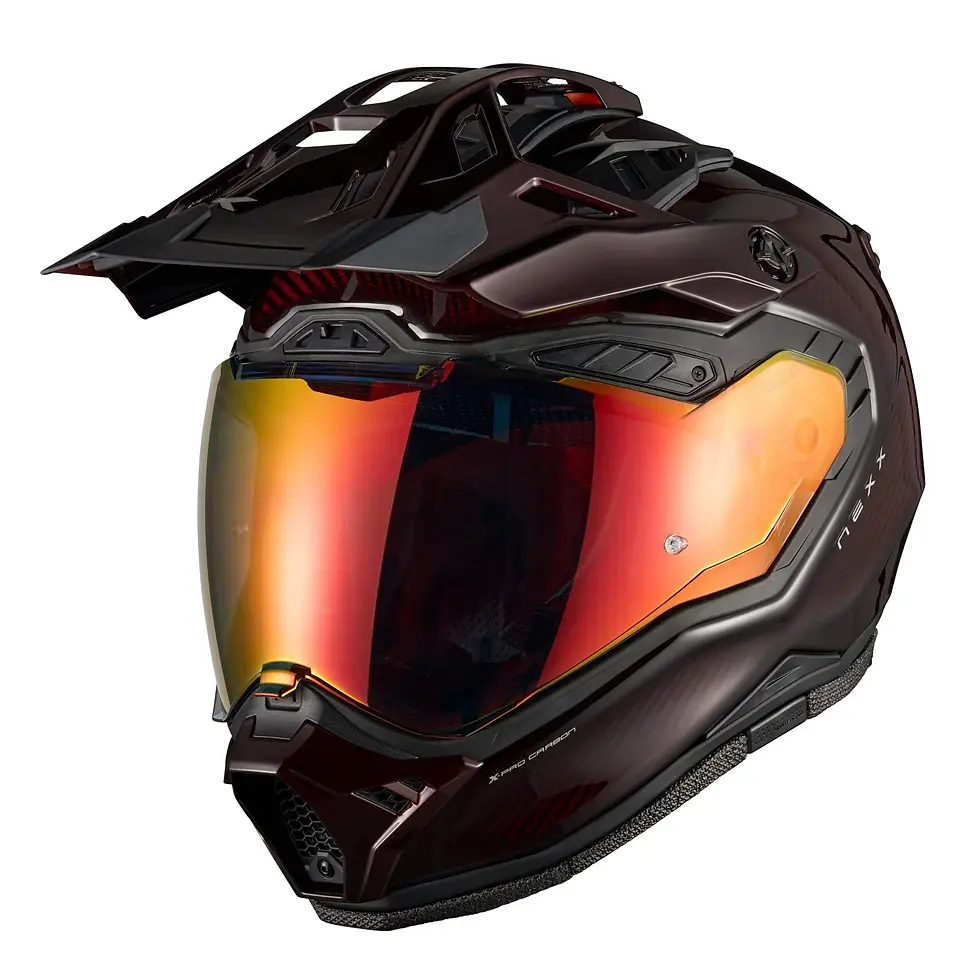 Thumbnail: Front angle view of the NEXX X.RL Namib Carbon Red X.Rally helmet with Pinlock 200 anti-fog lens and integrated sun visor.