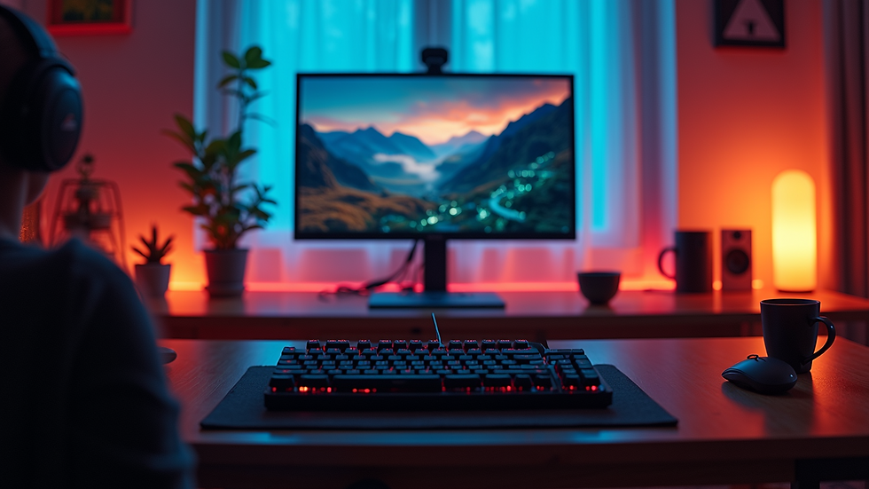 Wide angle view of a cozy gaming setup