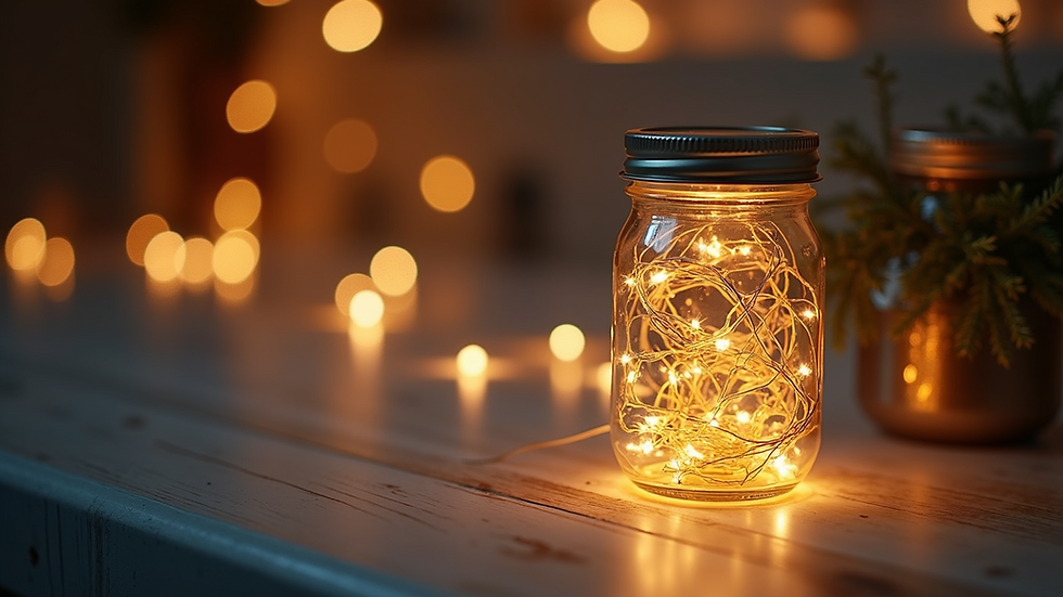 High angle view of cozy fairy lights in a jar on a table