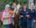 Four female leaders of Harpenden RDA with navy blue RDA shirts standing with a chestnut pony.