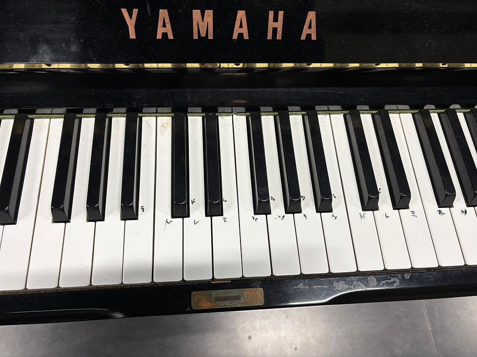 ピアノ鍵盤のアップ。白鍵にドイツ音階がペンで書かれている