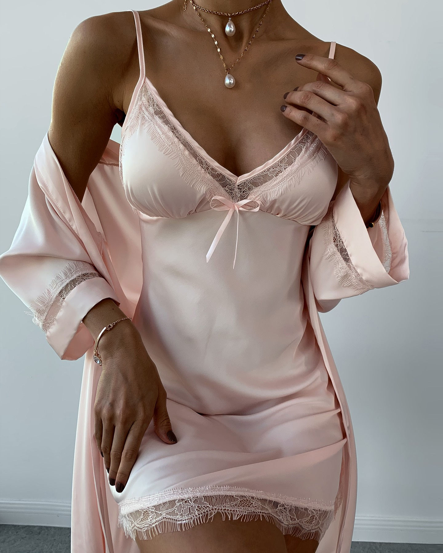 Lace Trim Satin Padded Robe & Gown Set