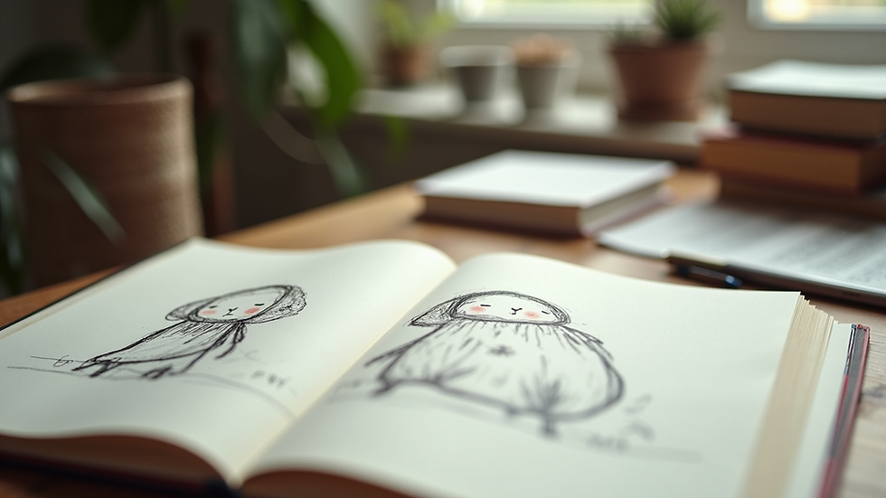 Close-up view of a children's book manuscript and illustration sketches on a desk