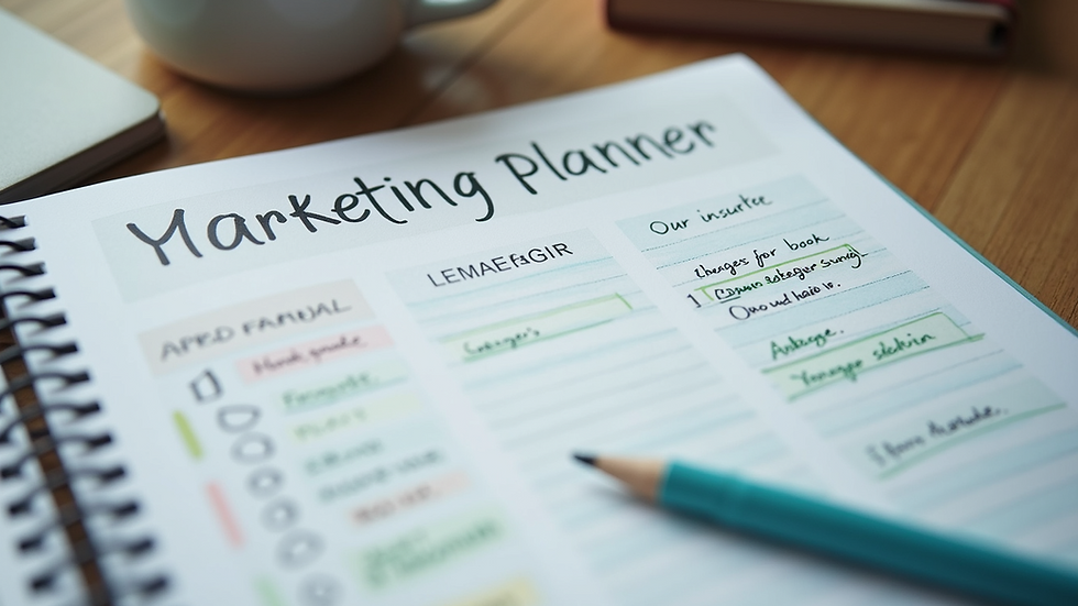 Close-up view of a marketing planner with notes and a calendar, illustrating book marketing organisation