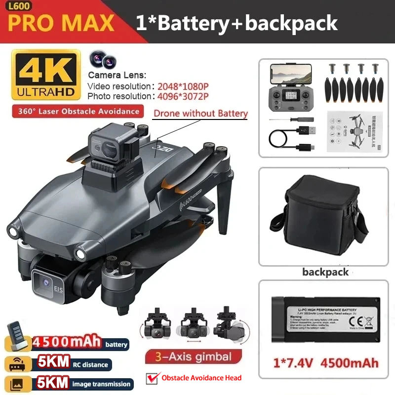 Thumbnail: L600 PRO / PRO MAX GPS Drone Professional 4K 3-Axis PTZ HD Dual Camera Obstacle 